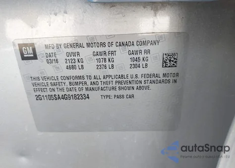 2016 Chevrolet Impala 1Lt из США, поврежденный, VIN 2G1105SA4G9182334